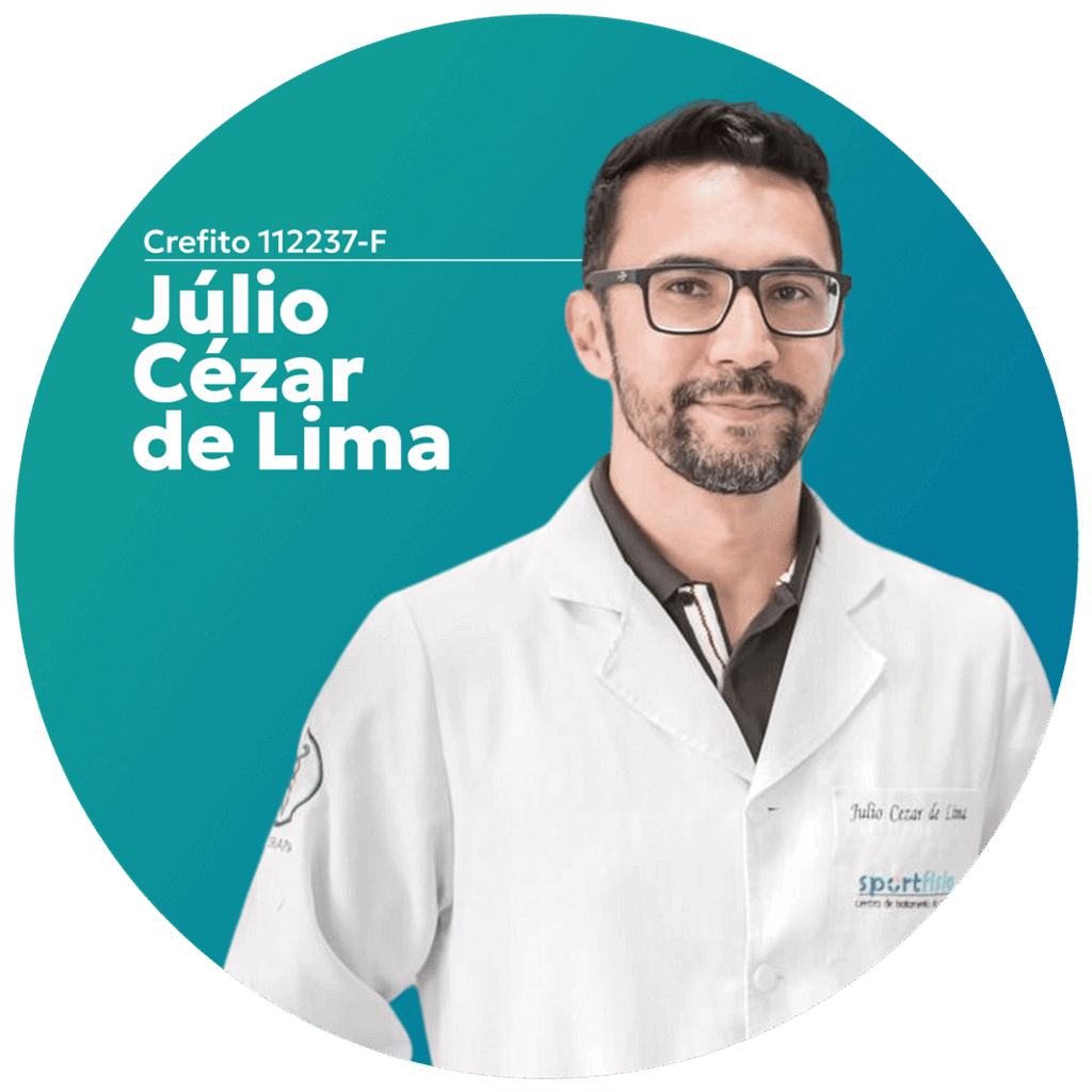 Julio Cesar de Lima Crefito 112237-F Foto do Dr. Julio de Lima dentro de uma orbita azul turquesa, uma das cores do logotipo.